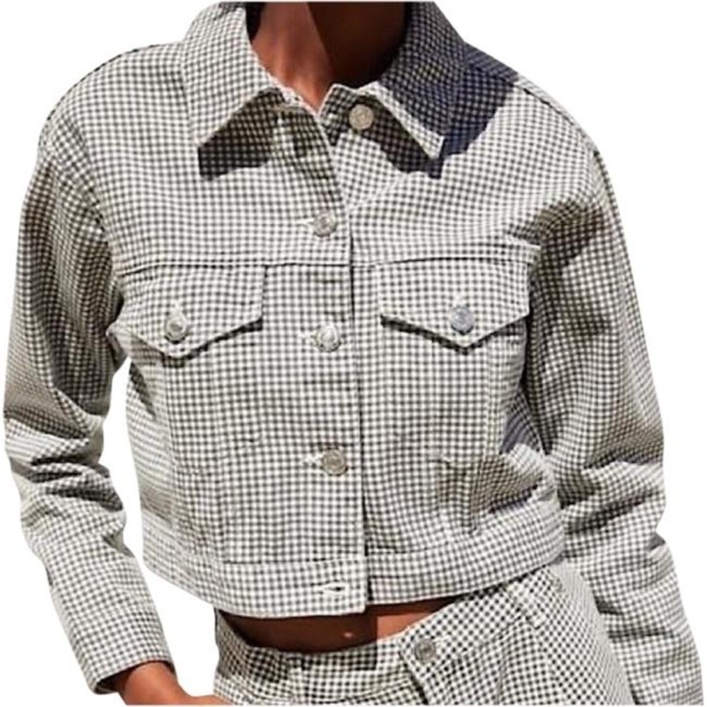 Zara cropped denim jacket gingham size xs spring black white denim jean